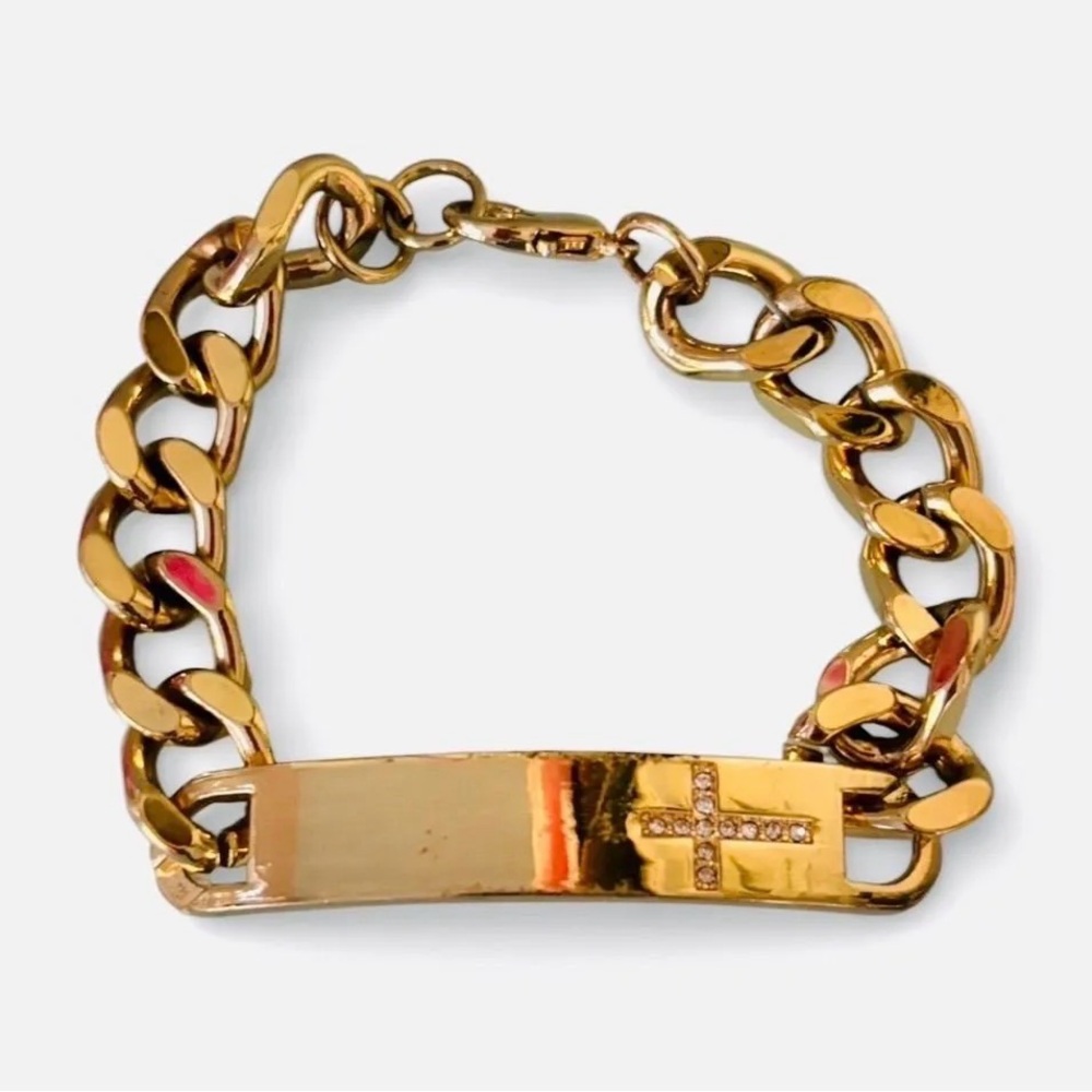 Vintage Gold-Tone ID Bracelet with Crystal Cross Accent